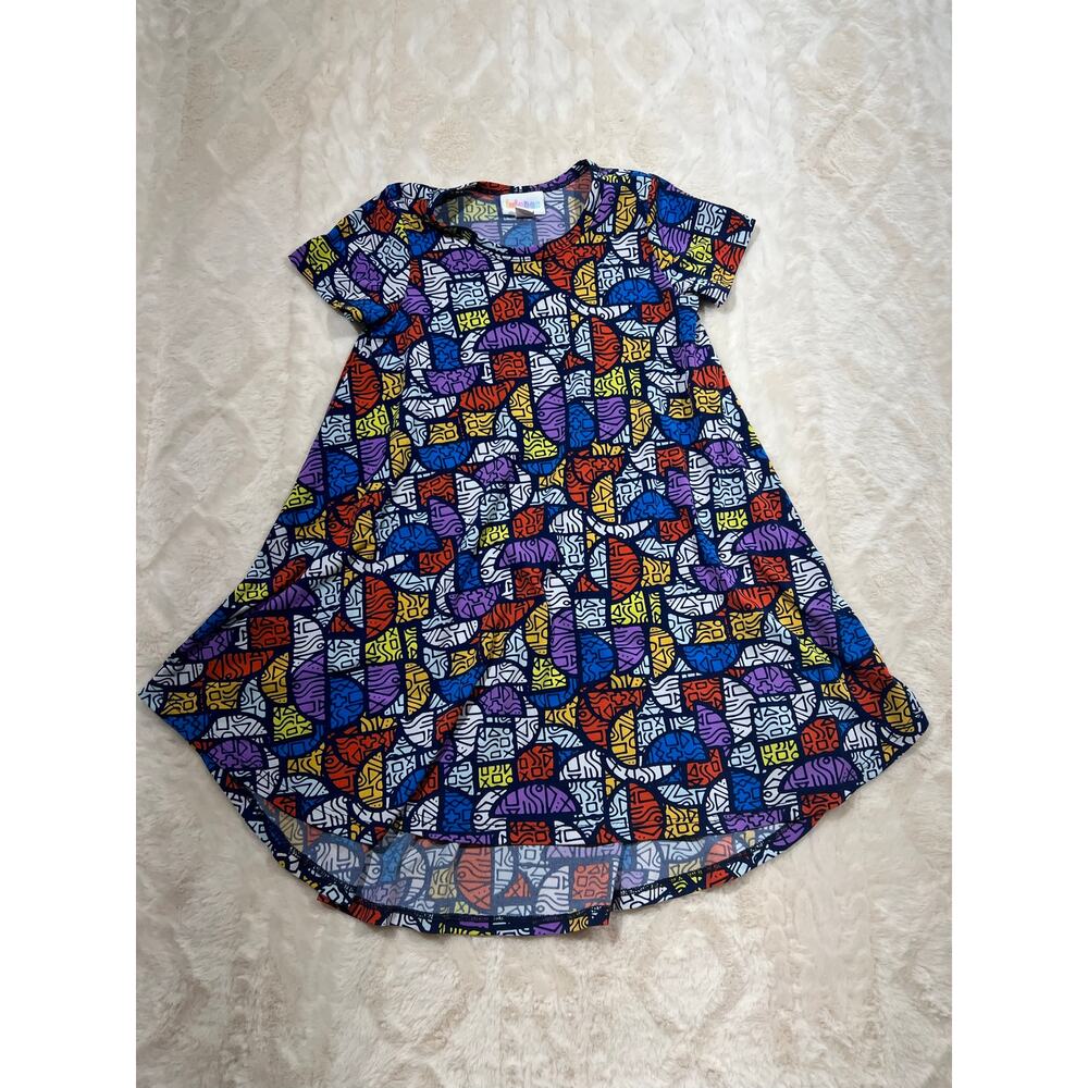 LuLaRoe Girls Size 4 Swing Dress Geometric Abstract Print High Low Hem EUC